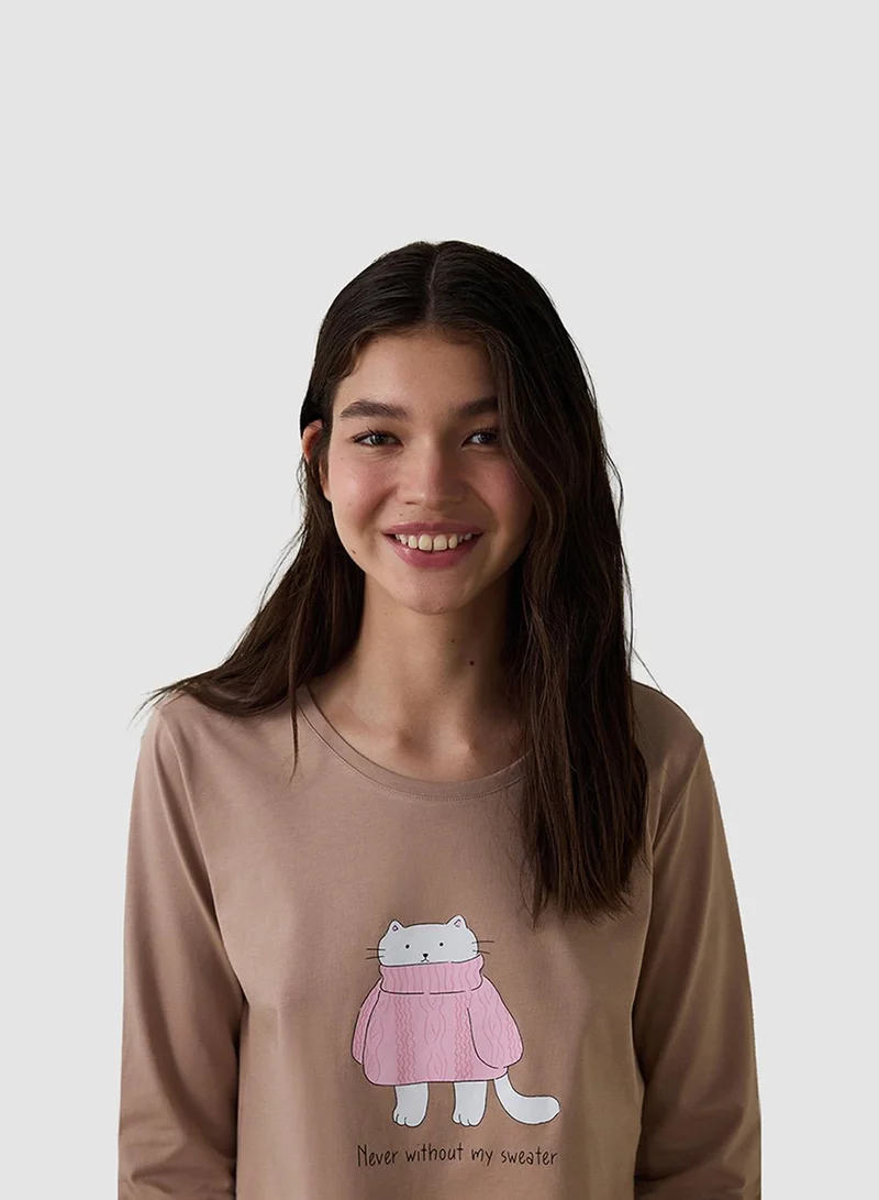 بنتي Crew Neck Slogan Printed Cotton Sweatshirt Pajama Set